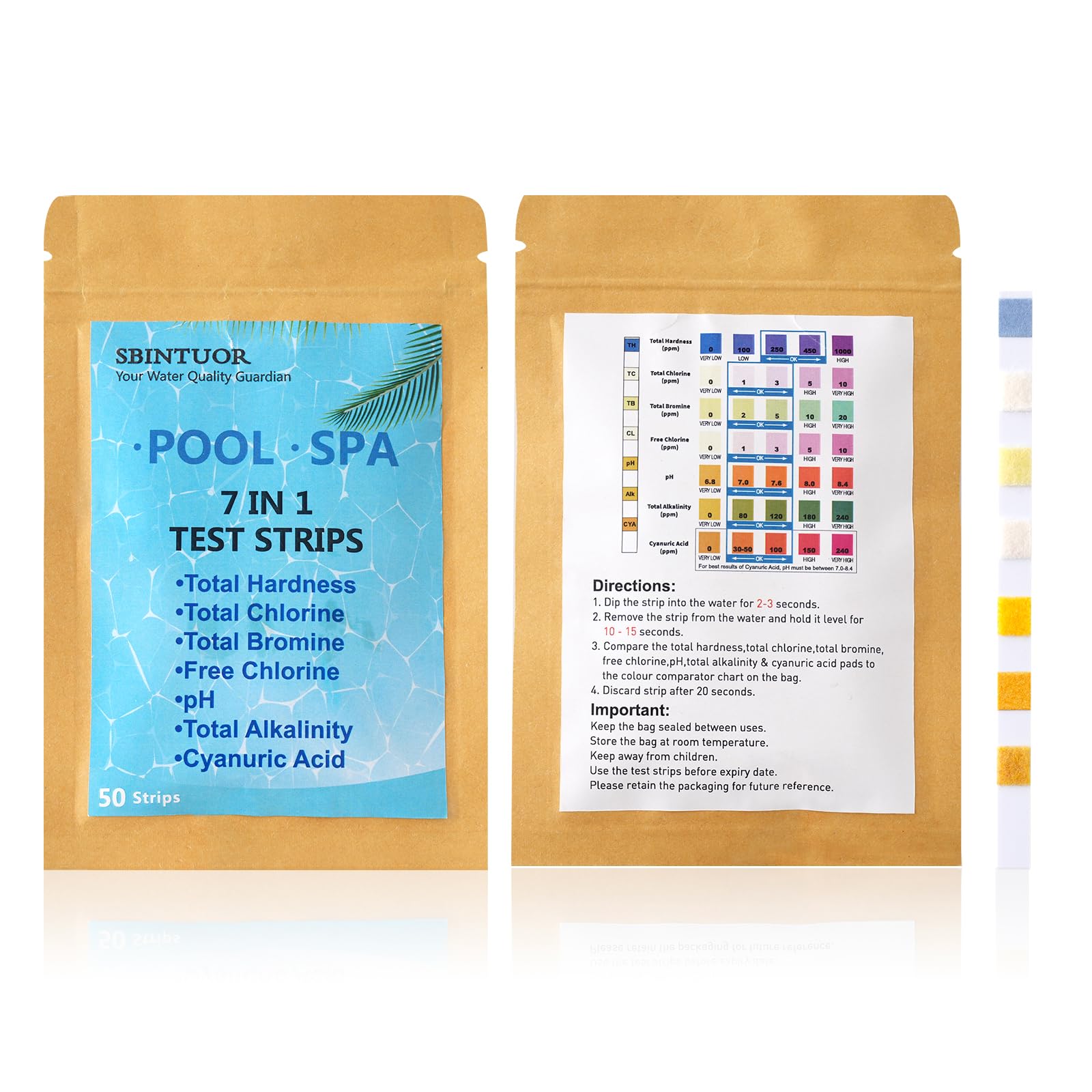 SBINTUOR Hot Tub Test Strips 7 in 1, Pool Testing Strips for PH Test/Chlorine Test/Total Hardness/Total Bromine/Total Alkalinity... Water Quality Tester for Hot Tubs Swimming Pools Spa - 50 Strips