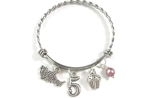 SCRAPHEART 5th BIRTHDAY BRACELET, 5th Birthday Charm Bracelet, 5 Year Old Daughter Birthday Gift Idea, Fifth Birthday Gift, 5 Year Old Birthday Bangle