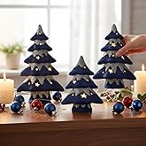 Bucherry 3 Pcs Velvet Ceramic Christmas Tree with Lights Christmas Table Decorations, Navy Blue Velvet Xmas Tree Hollowing Porcelain Tabletop Decor for Winter Home Mantle Tray Table Centerpiece