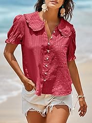 Tankaneo Womens Puff Sleeve Shirts Peter Pan Collar