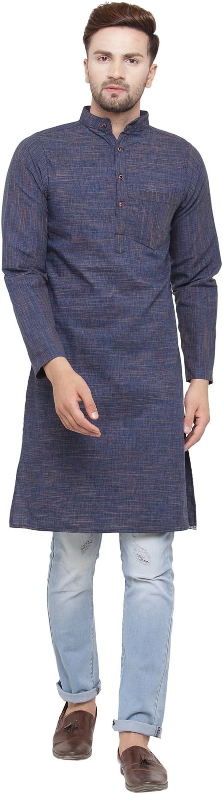 Sayesha Mens' Solid Blue Self Design Cotton Long Kurta (Size : from XS to 7XL)