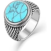 Rayamrd Black Onyx Turquoise Round Signet Rings for Men, Vintage Textured Stainless Steel Men's Ring, Size 7-12
