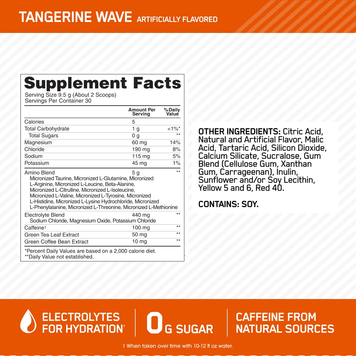 Optimum Nutrition Amino Energy Powder Plus Hydration, with BCAA, Electrolytes, and Caffeine, Tangerine Wave, 30 Servings (Packaging May Vary)