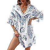 CUPSHE Women V Neck Lace Trim Mini Summer Dress Cover Up 3/4 Sleeve Ruffled Cuff Casual Sundress Beach Dresses Cover Ups