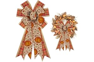 ALIBBON Large Fall Bows for Wreaths, Thanksgiving Wreath Bows, Orange Buffalo Plaid Bows, Pumpkin Leaves Bows for Front Door, Fall Thanksgiving Decor, Burlap Bows for Wreath Indoor Outdoor Decorations