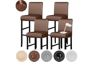 Lebaley 4 Pack Bar Stool Covers with Backs Waterproof Stretch PU Leather Bar Stool Seat Covers Slipcovers for Counter Height Chairs 14"-17" Wide, Removable & Washable for Kitchen Pub Cafe (Coffee)