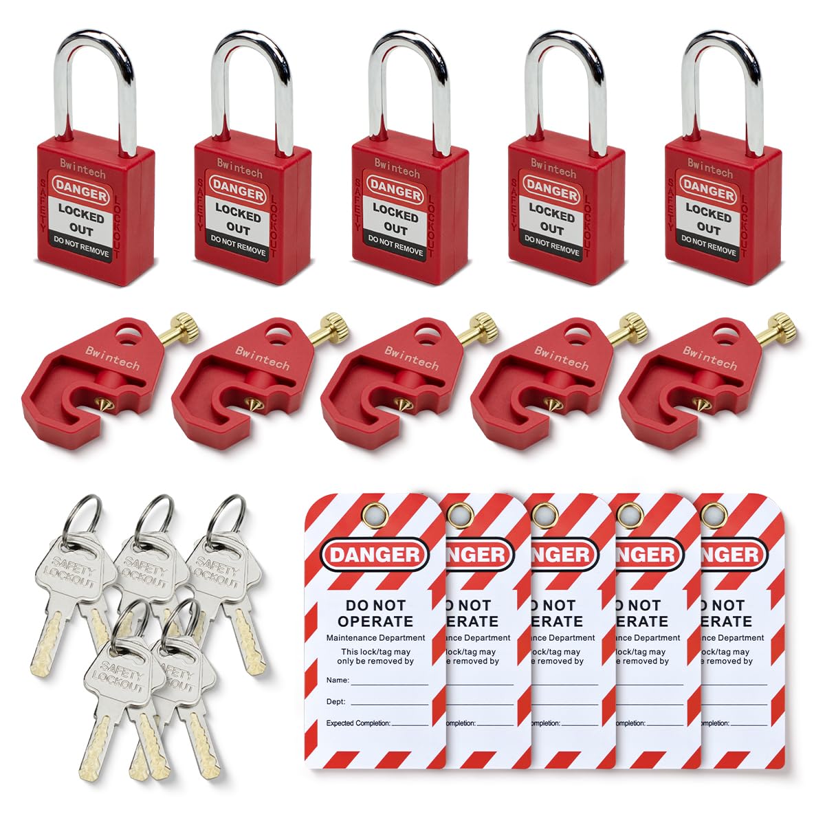 Bwintech 5 Piece 38MM Different Red Safety Padlock Set with Key with Circuit Breaker Safety Lock Padlock Loto Tag Safety Padlock Meets the Requirements of the Industrial Electrical Lockout Tagout Kit
