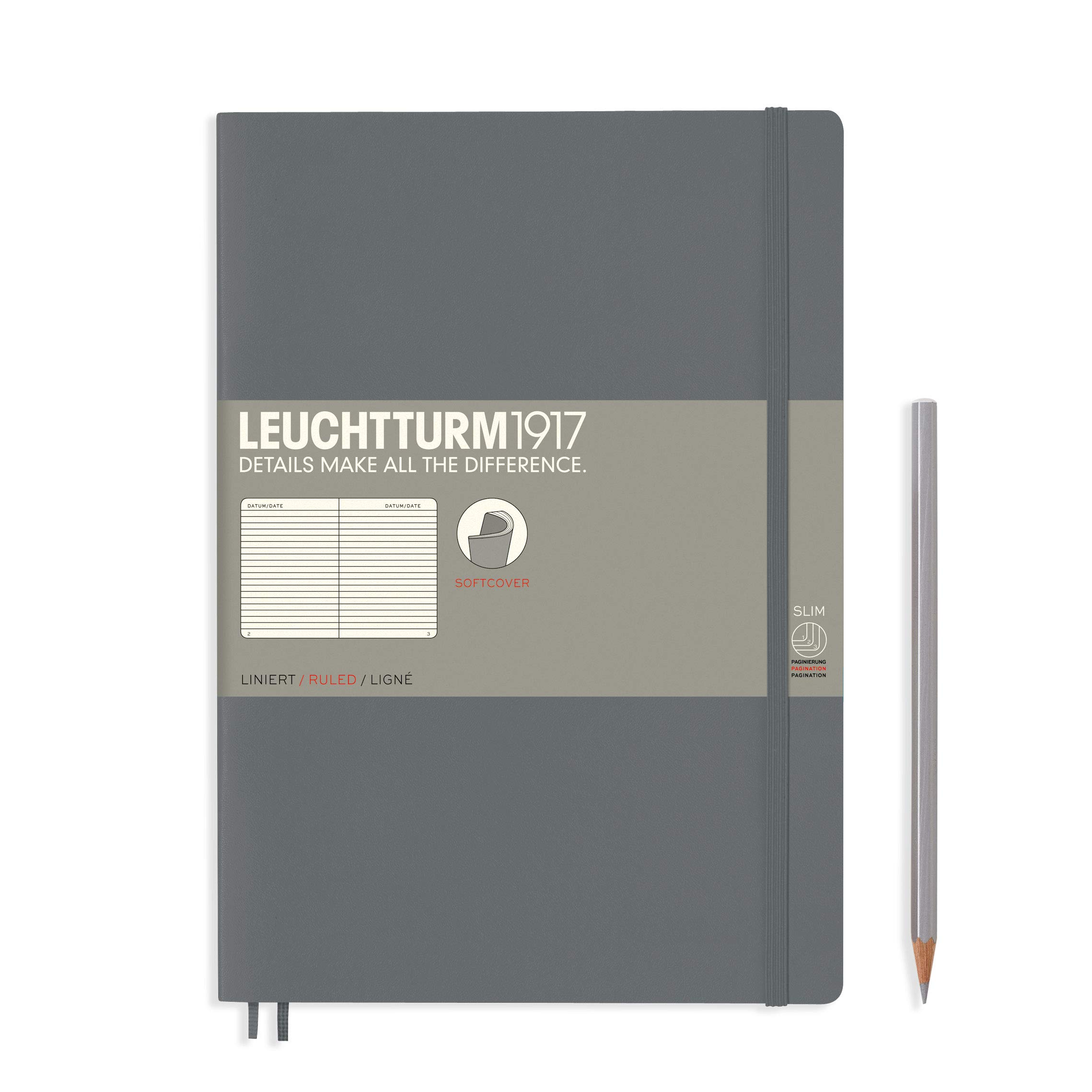 LEUCHTTURM1917 (355313) Notebook Composition (B5) Softcover, 123 numbered pages, ruled, anthracite