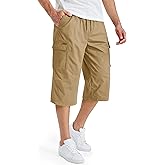 TACVASEN Men's Long Cargo Shorts Cotton Below Knee Capris with 6 Pockets Drawstring Elastic Waistband Capri Pants