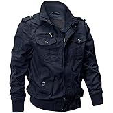 EKLENTSON Men's Military Flight Jackets Cotton Multi Pocket Workwear | Military style, ribbed knit cuffs and hem, stand collar, zip closure with snap buttons, multi cargo pockets, for daily wear