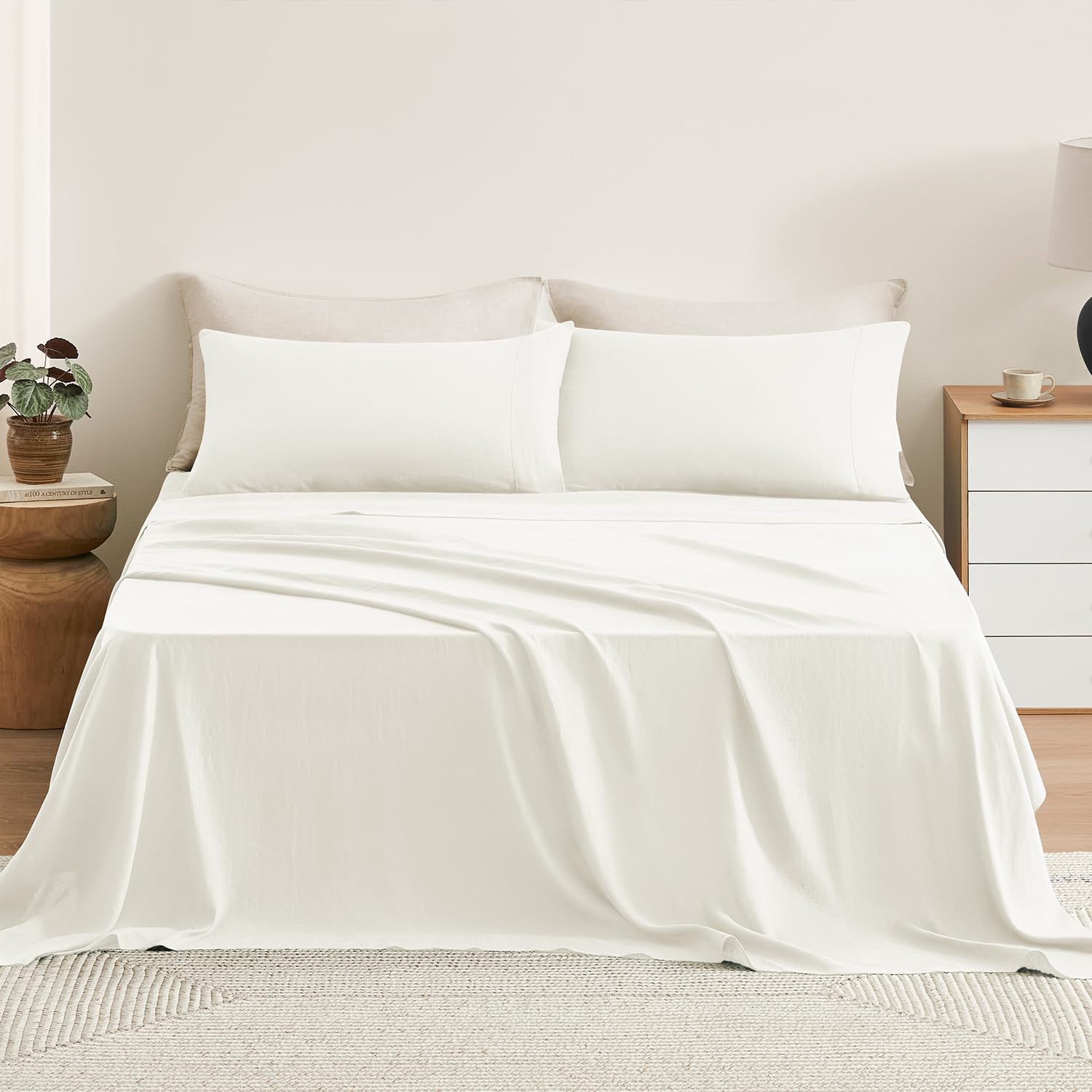 Photo 1 of TOSMO Pure Linen Sheets Set, 100% French Natural Linen Flax Bedding 4pc Set (Full, 1 Flat Sheet, 1 Fitted Sheet, 2 Pillowcases) - Cream White