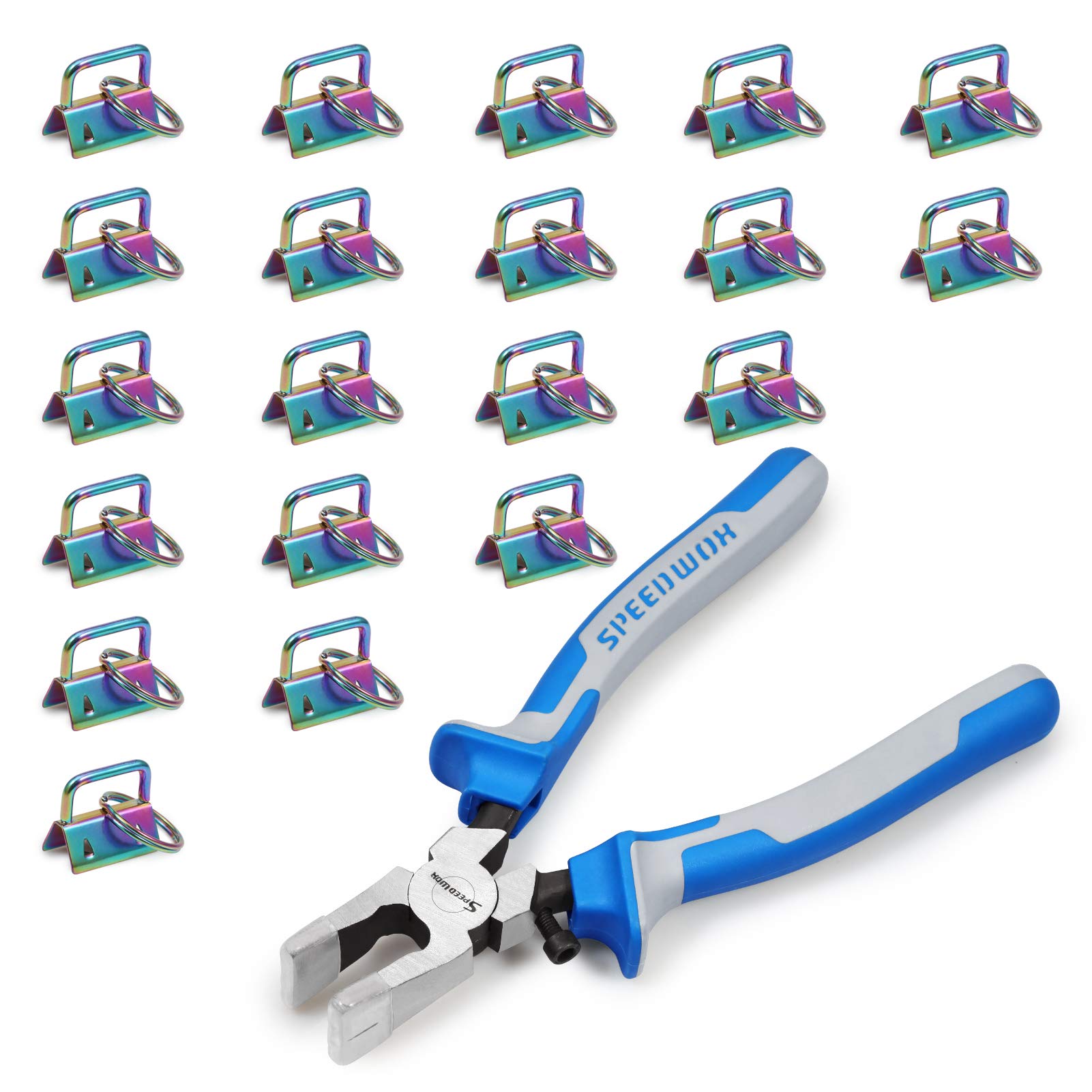 SPEEDWOX 20Pcs 1" Rainbow Key Fob Hardware with Key Fob Pliers Set, 8" Glass Running Pliers with Rubber Tips, Hardware with Key Ring for Wristlet Keychain Hardware Install