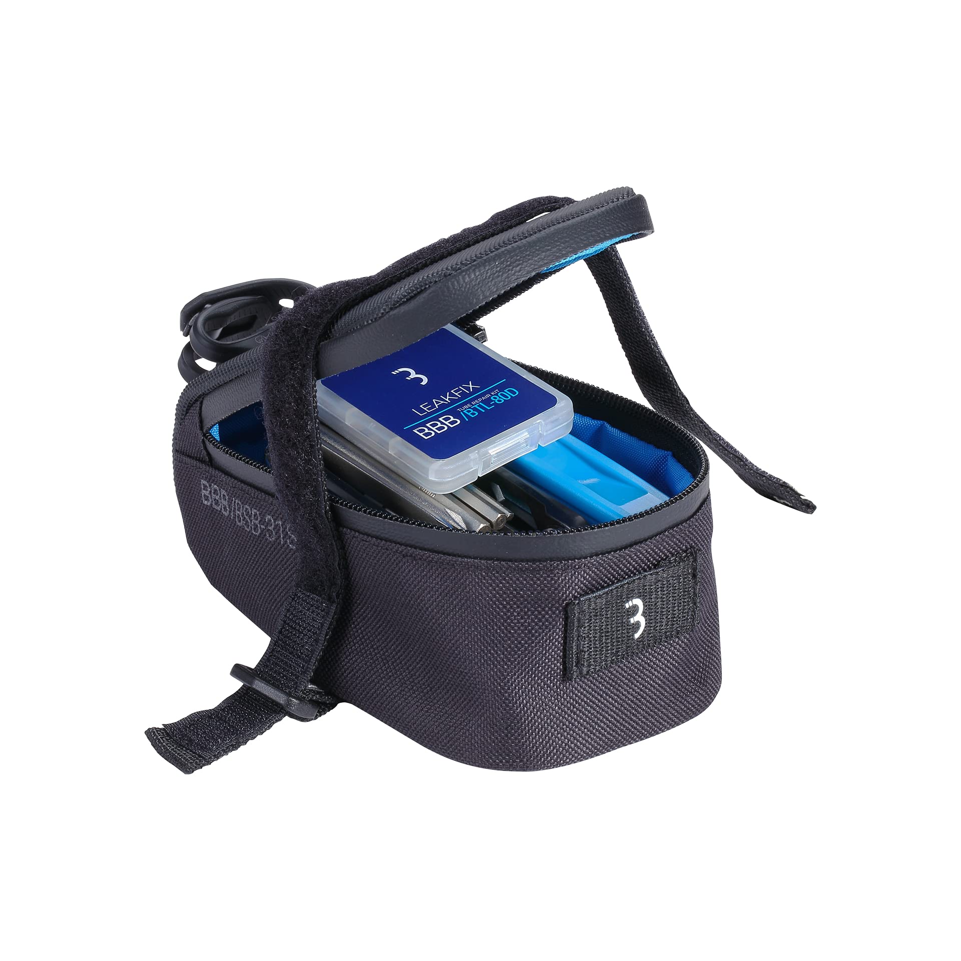 BBB Cycling CombiSet Saddle Bag Dual Strap System MiniFold S Tool WindWave Mini Pump EasyLift Tire Levers Leakfix Repair Patches Combiset EasyPack BSB-56