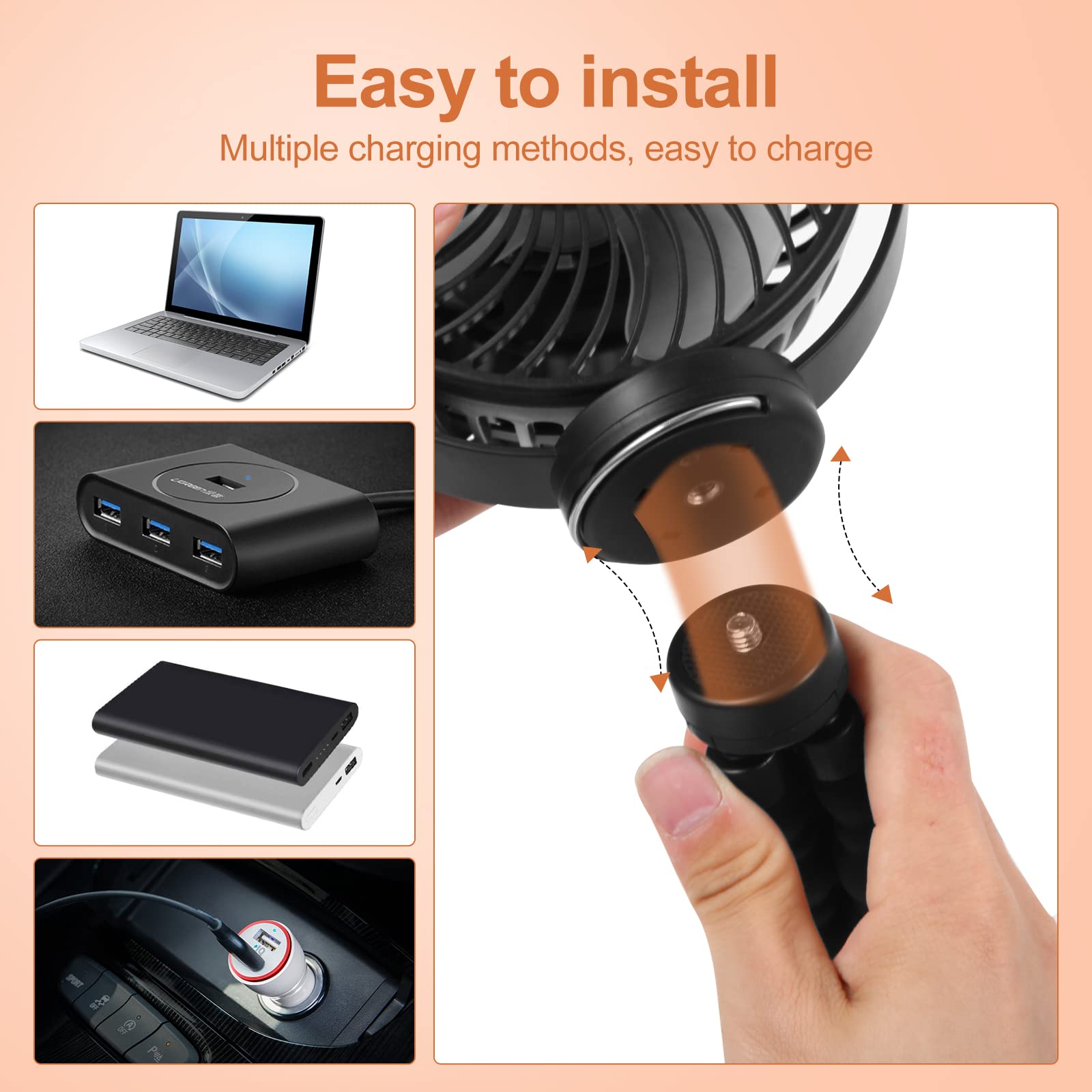 Car Fans for Backseat for Kids, 5200mAh Battery Operated Car Seat Fan, 3 Speeds, 360° Rotation Fan for Car, LED Lights, Ultra-Low Noise Level for SUV/RV/Truck/Sedan/Cruise/Office/Treadmill