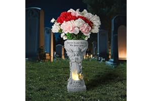Lewondr Solar Cemetery Vase for Grave, Grave Flowers Holder for Headstone Tomb Decoration, Praying Angel Garden Stake Sculpture with Solar Candle Light, Memorial Sympathy Gift, No Ground Spike, Grey