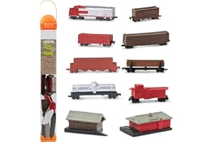 SAFARI LTD. Safari Ltd Trains TOOB With 11 Connectable Hand Painted Figurines, Including Freight Station, Cargo Car, Log Car, Coal Car, Fuel Car, Coal, Train Engine, Passenger Station, Caboose, Cargo Car and Dump Car