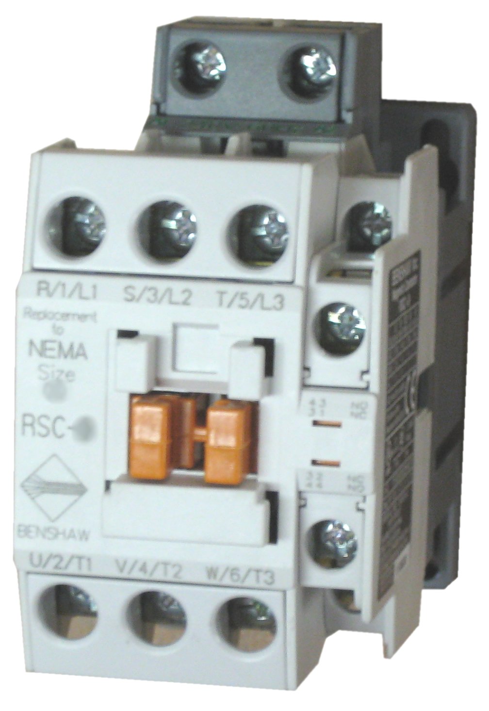 Benshaw RSC-18-6AC240 3 Pole, 18 AMP contactor with a 240 Volt AC Coil and 1 N.O. and 1 N.C. Side Mounted Auxiliary