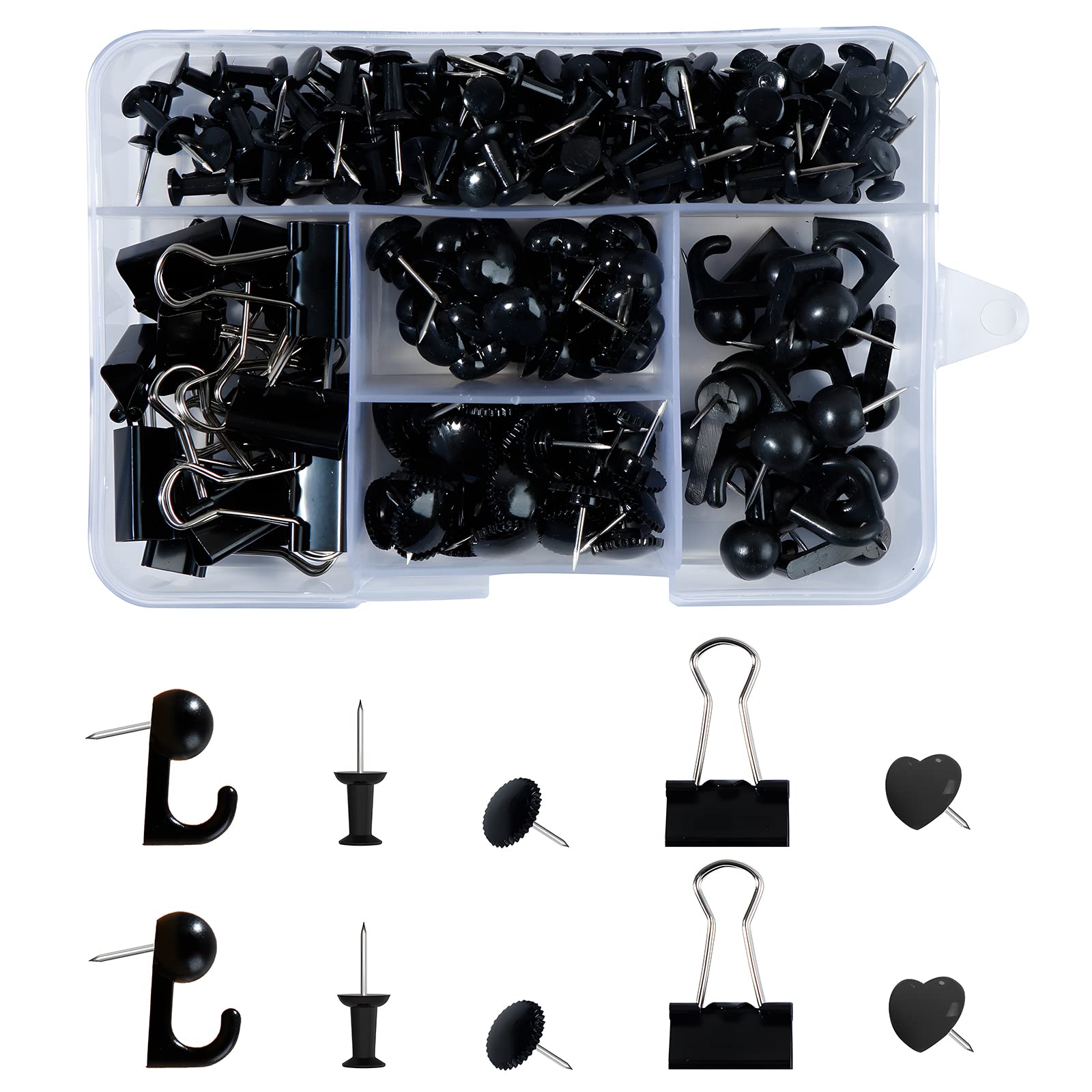 VAPKER Black Push Pins Set 200Pcs,Binder Clips,Hook Pushpin,Gear Marking Thumtacks,Heart Shape Tacks,Standard Push Pins Plastic Head with Steel Point for Office School