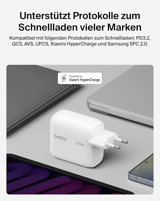 BoostCharge USB C Ladegerät, 100W GaN Schnellladegerät für iPhone 17, Samsung Galaxy S26, Pixel 10, AirPods, Tablet, MacBook – USB Netzteil mit 1,5-m-USB-C-Kabel, Reisezubehör – Weiß