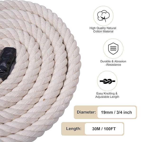 BRETANGME NATURAL WHITE COTTON ROPE 3/4 INCH × 100 FT, 4-STRAND TWISTED THICK ROPE FOR CRAFTS, TUG OF WAR, CLOTHESLINE, HANGING, PORCH SWING BED, PET TOYS, SOFT COTTON CORD FOR HOME/OUTDOOR DECORATION