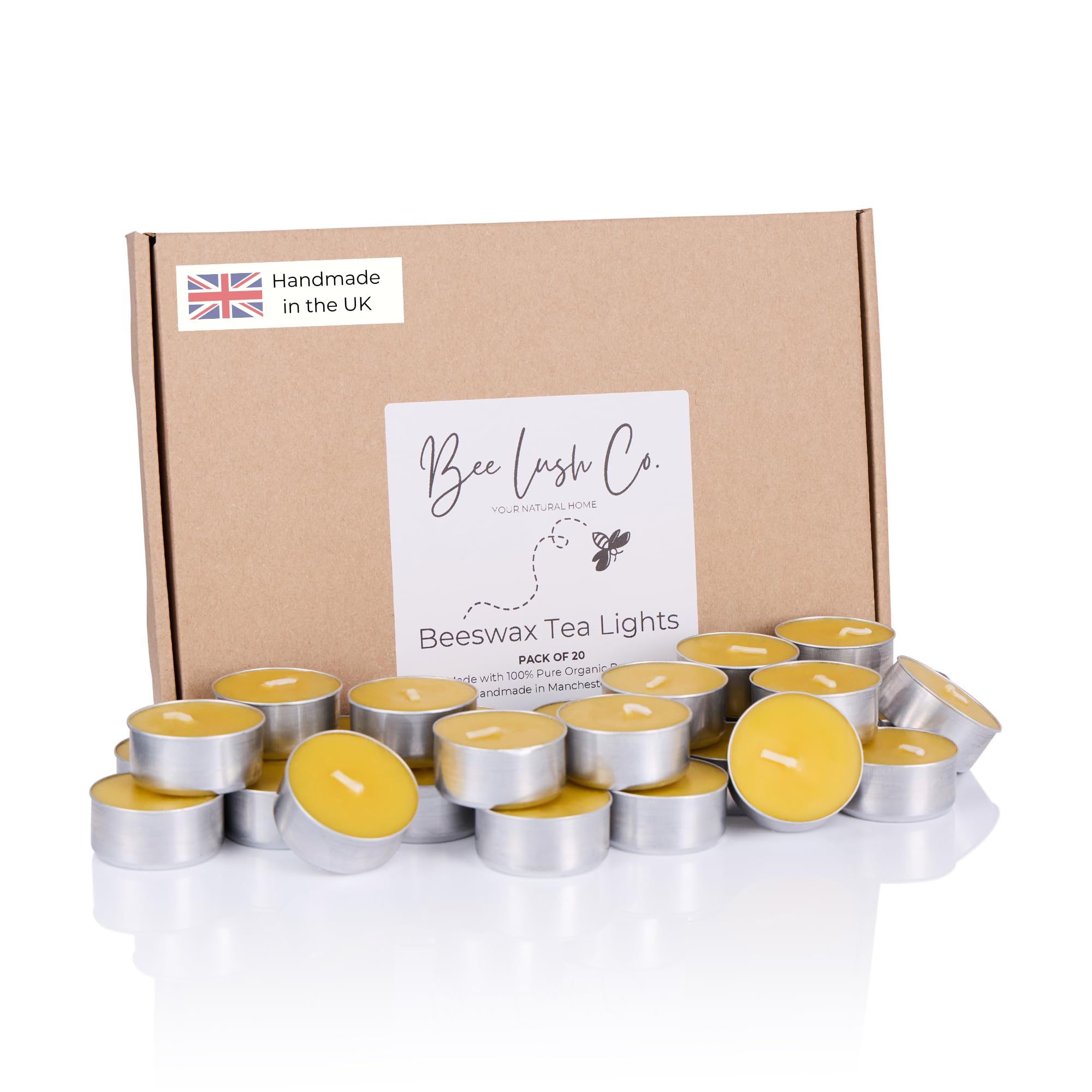 BeeLushCo 20 Beeswax Tealights, Handmade in the UK, Non-Toxic Tea Lights Candles, Pure Organic 100% Natural Bees Wax, Cotton Wick, Eco Friendly, Allergen Safe
