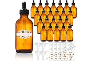 24 Pack 2oz Amber Glass Dropper Bottles with Brush, Funnels & Labels – Tincture Bottles with Dropper for Essential Oils, Leak