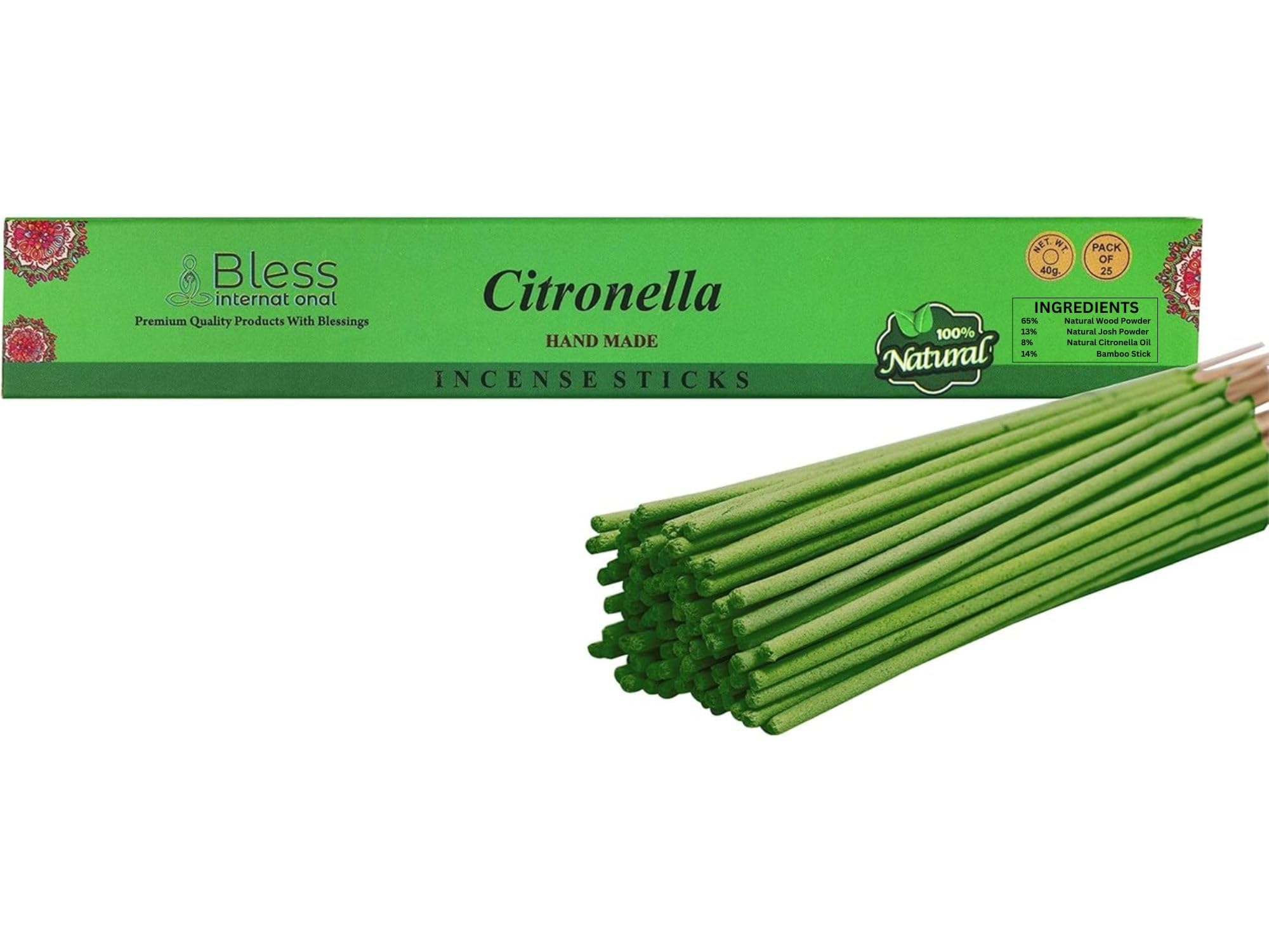 Bless-Citronella-Incense-Sticks 100%-Natural-Handmade-Hand-Dipped-Incense-Sticks Organic-Chemicals-Free For-Purification-Relaxation-Positivity-Yoga-Meditation The-Best-Woods-Scent (25 Sticks (40GM))