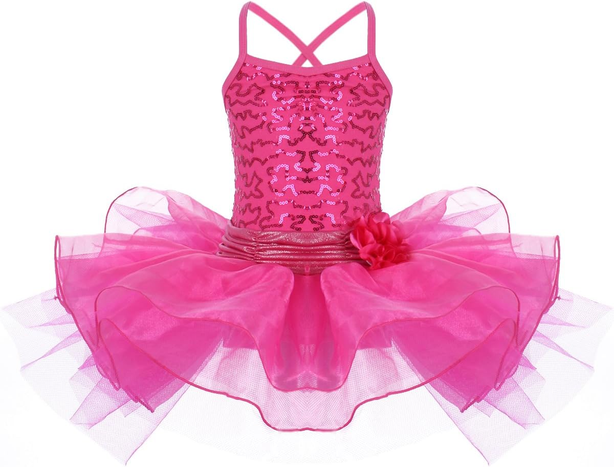 Toddler Kid Girl Sequin Ballet Tutu Dress Gymnastics Ballerina Camisole Flower Skirted Leotard Dancewear Costume