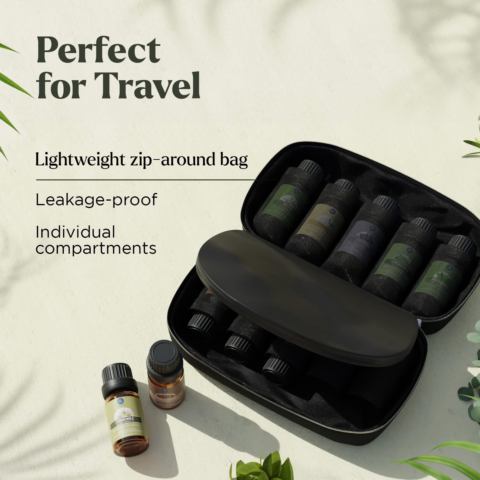 Lagunamoon Essential Oils Set, 10 Piece Aromatherapy Oil in Portable Bag - Diffusers, Humidifiers, Yoga, DIY Cleaning Products, Candle Making - Peppermint, Tea Tree, Lavender, Eucalyptus (10mL)
