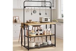 IABIFO 47” Kitchen Island with Storage, Large Bakers Rack with Power Outlet Microwave Oven Stand W/ 3-Tier Shelves & 8 Hooks for Pantry Organization, Metal Coffee Bar Table for Dining Living Room, Natural