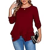 Beauhuty Womens Plus Size Tops Ruffled Hem Tunic Roll Up Sleeves Crew Neck T-Shirts Casual Flowy Dressy Blouses
