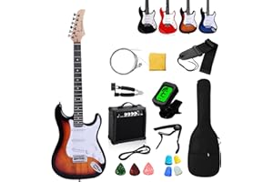 Rosefinch 39in Full Size Electric Guitar with 20W Amp, Case and Accessories Pack Beginner Starter Package(39"Sunburst)