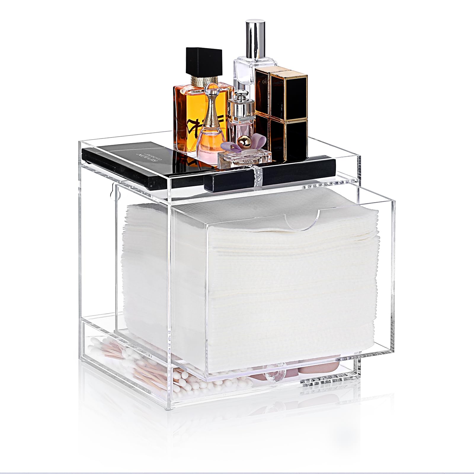 BTSKY Acrylic Disposable Face Towel Storage Box with Drawer and Top Tray - Clear Facial Towel Container, Tabletop/Wall-Mounted Storage Box for Cleansing Cloths, Makeup Remover Cloths and Makeup Tools