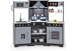 HONEY JOY Corner Kids Kitchen Playset, Wooden Toy Kitchen Set w/Lights & Sounds, Range Hood, Ice Maker & Coffee Maker, Microw