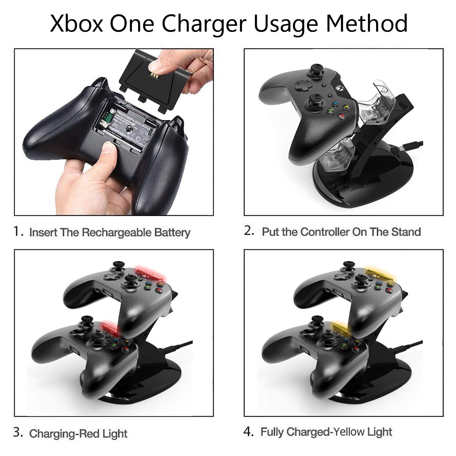 Xbox One Controller Charger, DualShock Charging Docking Station for Xbox One/One S/One X with 2x1200mAh Rechargeable Battery Pack for Xbox One Wireless Controller, Black