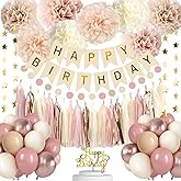 Iysoll Blush Beige Birthday Party Decorations Boho Happy Birthday Decorations Banner Retro Pink Nude Ivory Balloon Paper Pom Poms Tassel Garland Décor Supplies for Girls Women