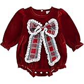 PUHHAPIEY Baby Girl Christmas Outfit Velvet Bow Smocked Bubble Romper Ruffle Onesie Bodysuit Infant Fall Winter Clothes