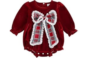 PUHHAPIEY Baby Girl Christmas Outfit Velvet Bow Smocked Bubble Romper Ruffle Onesie Bodysuit Infant Fall Winter Clothes