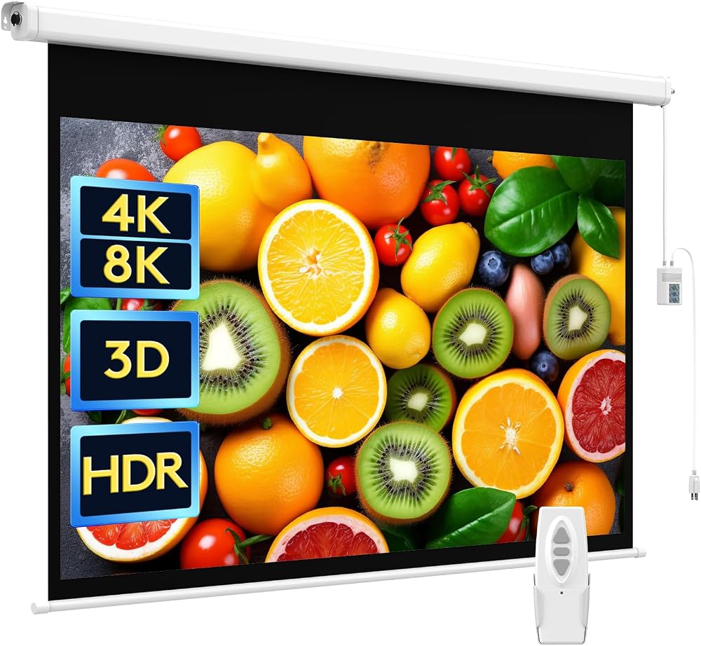 WASJOYE 100" Motorized Projector Screen 16:9 8K HD with Remote Control