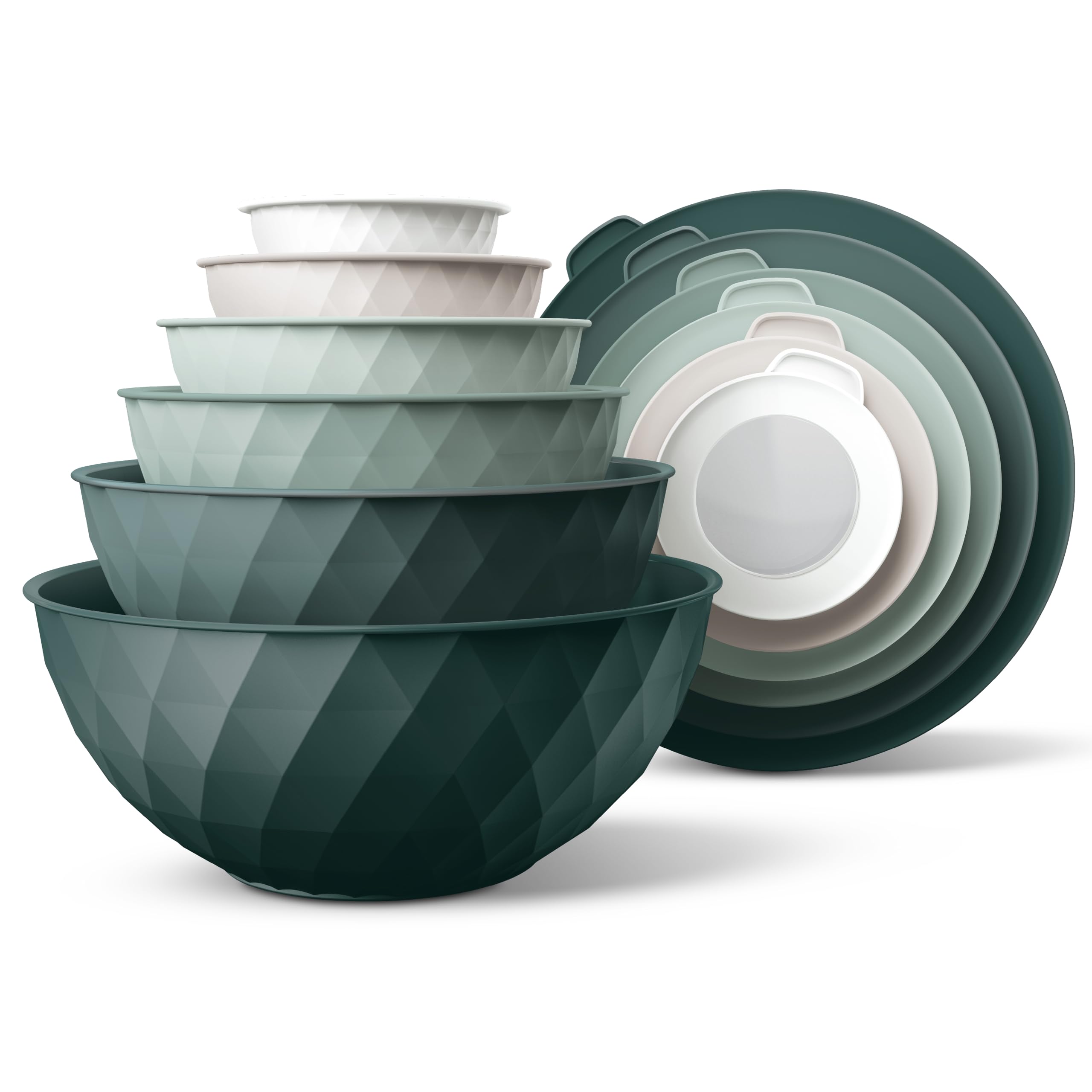 COOK WITH COLOR Mixing Bowls with Lids - 12 Piece Plastic Nesting Bowls Set includes 6 Prep Bowls and 6 Lids, Microwave Safe Mixing Bowl Set, Green Diamond Image