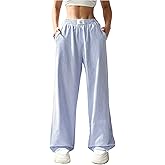 Floerns Women's Striped Elastic Waist Pants Straight Leg Casual Trousers with Pocket