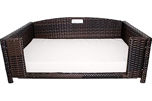 Iconic Pet Rectangular Rattan/Wicker Pet Bed, Metal Frame Indoor/Outdoor Furniture Pet Sofa/Couch for Dogs & Cats, Woven Rattan Dog Bed Water Resistant, Machine Washable Cushion Cover-Medium