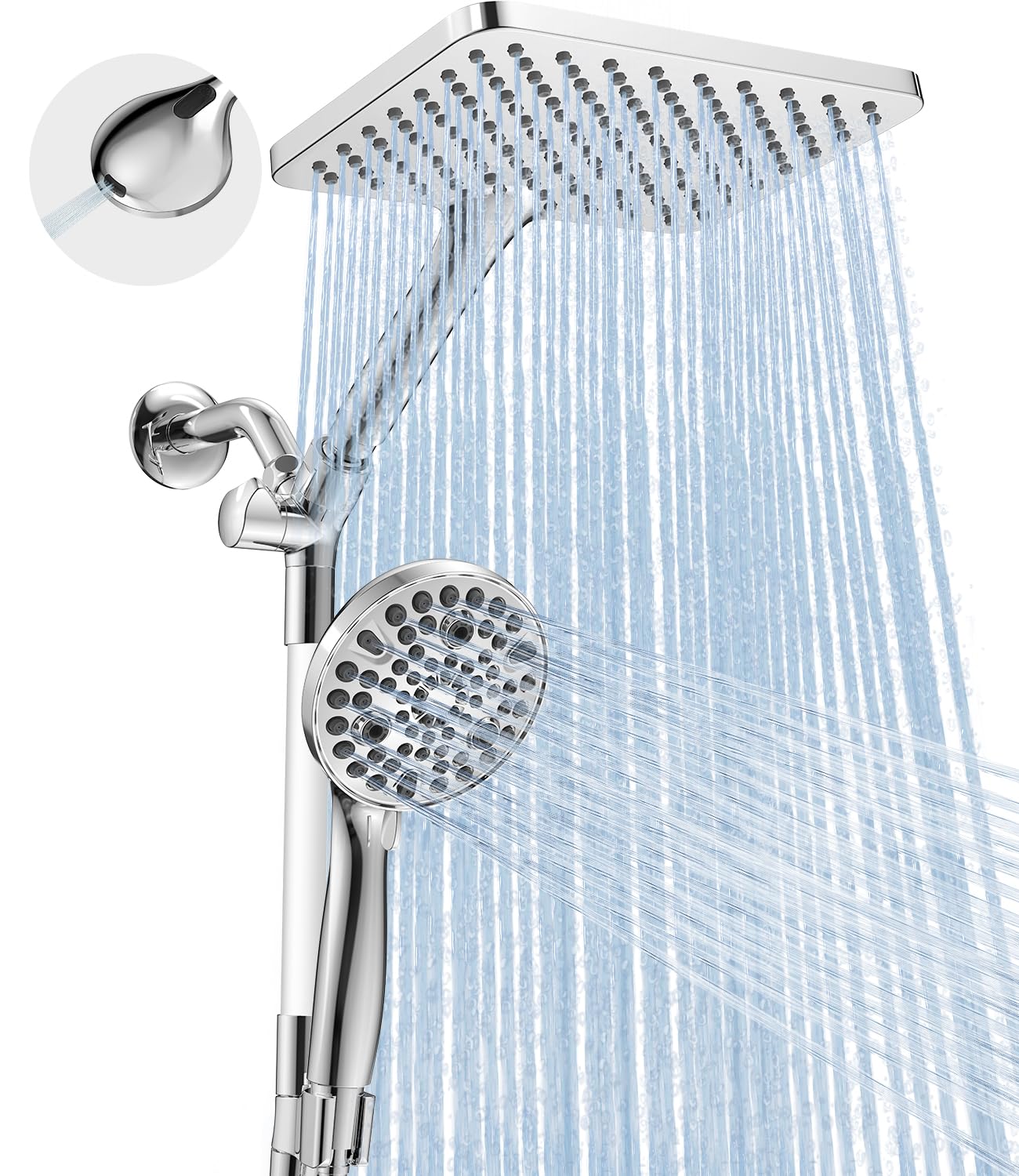 Dual Handheld Shower Head Combo, 2-in-1 Rain Shower Heads System Wide Rainfall Shower Head and 10 Modes High Pressure Hand Held Showerhead with Built-in Power Wash - Chrome Image