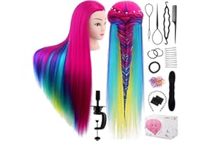 Training Head, TopDirect 29" Colorful Hair Mannequin Manikin Head Cosmetology Doll Head Practice Styling Hairdressing Training Braiding Heads with Clamp Holder and Tool Set