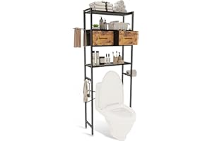 HWRHTR Over The Toilet Storage Cabinet - Metal Bathroom Organizer with Drawer, Over The Toilet rack with 3-Tier Open Shelf, Space Saver Storage Stand for Bathroom,Black