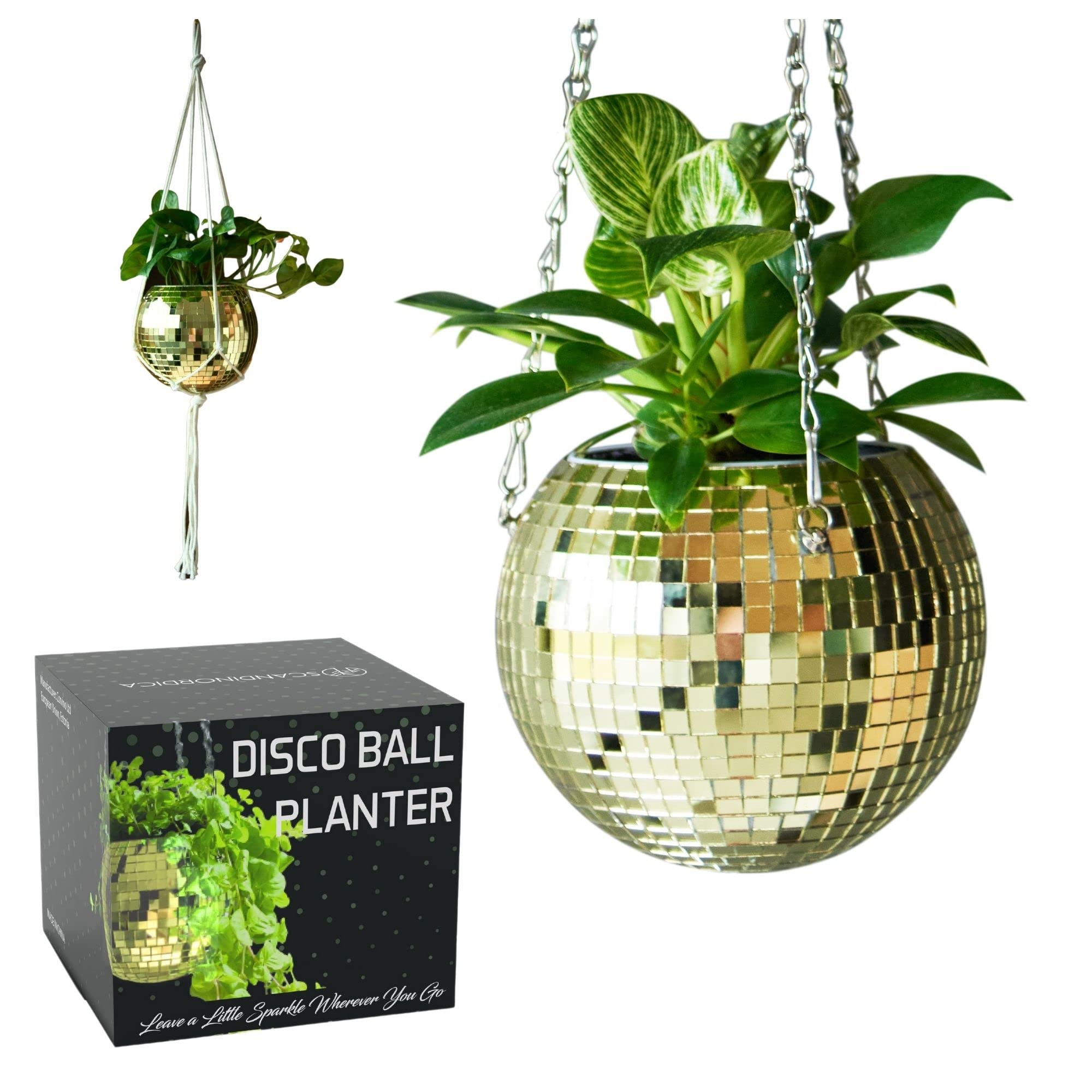 SCANDINORDICA Disco Ball Planter – Disco Ball Plant Hanger, Mirror Disco Planter with Chain, Macrame Hanger, Acrylic Stand and Insert Pot, Hanging Planter | Disco Ball Decor – 15 cm (6“) Gold