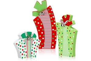 GlikCeil 3 Pcs Christmas Table Centerpiece Decoration Red Green Wooden Gift Box Sign Rustic Sanding Tabletop Ornament with Bells for Holiday Xmas Farmhouse Fireplace Tiered Tray Decor