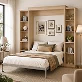BEQAI Queen Size Murphy Bed with 2 Storage Cabinet, Farmhouse Wood Hidden Foldable Wall Bed Frame, Space Saving Beds with Shelves,Murphy Bed for Guest Room,Apartment,Office,Bedroom, Natural Wood Color