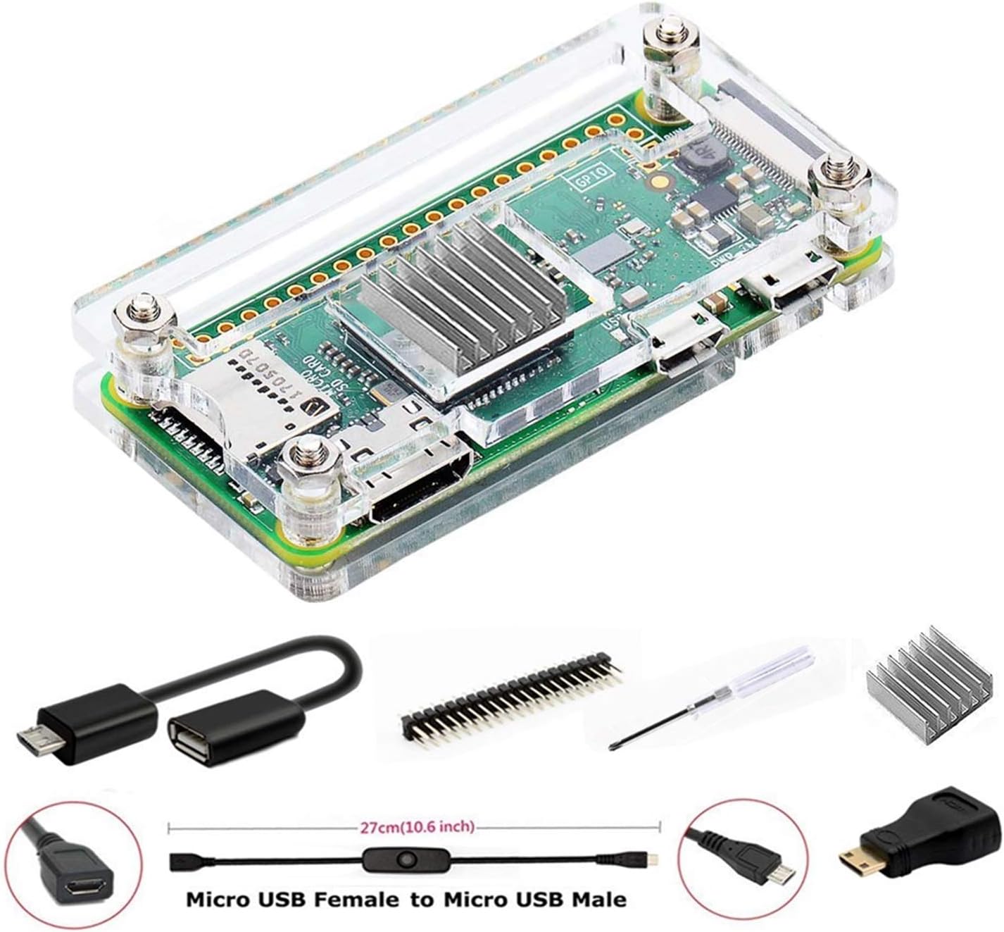 GeeekPi for Zero 2 W Case/Zero/Zero W Case, 7 in 1 Basic Starter Kit with Acrylic Raspberry Pi Zero Case, 20Pin GPIO Header