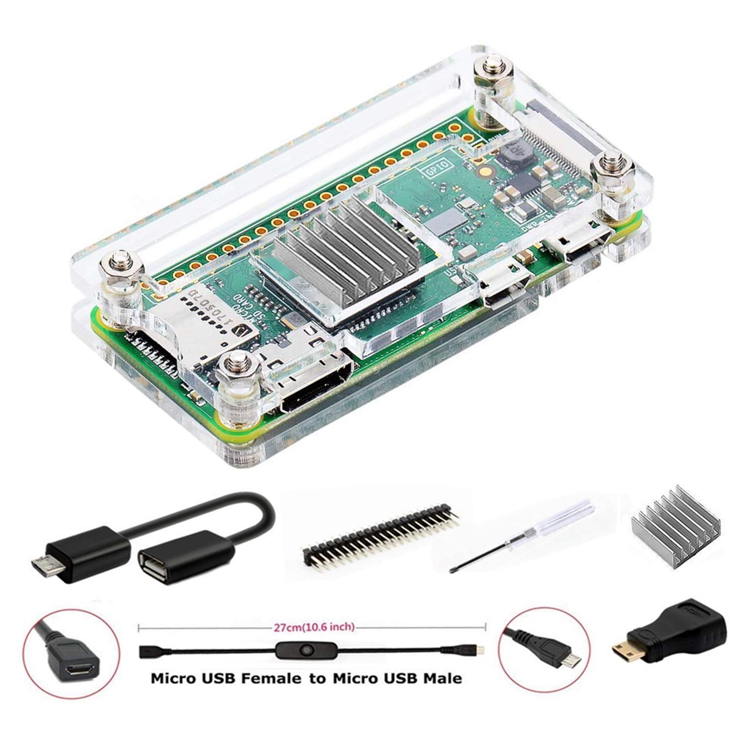 GeeekPi for Zero 2 W Case/Zero/Zero W Case, 7 in 1 Basic Starter Kit with Acrylic Raspberry Pi Zero Case, 20Pin GPIO Header, OTG Cable, Switch Cable, HDMI Adapter, Heatsink and Screwdriver (Clear)